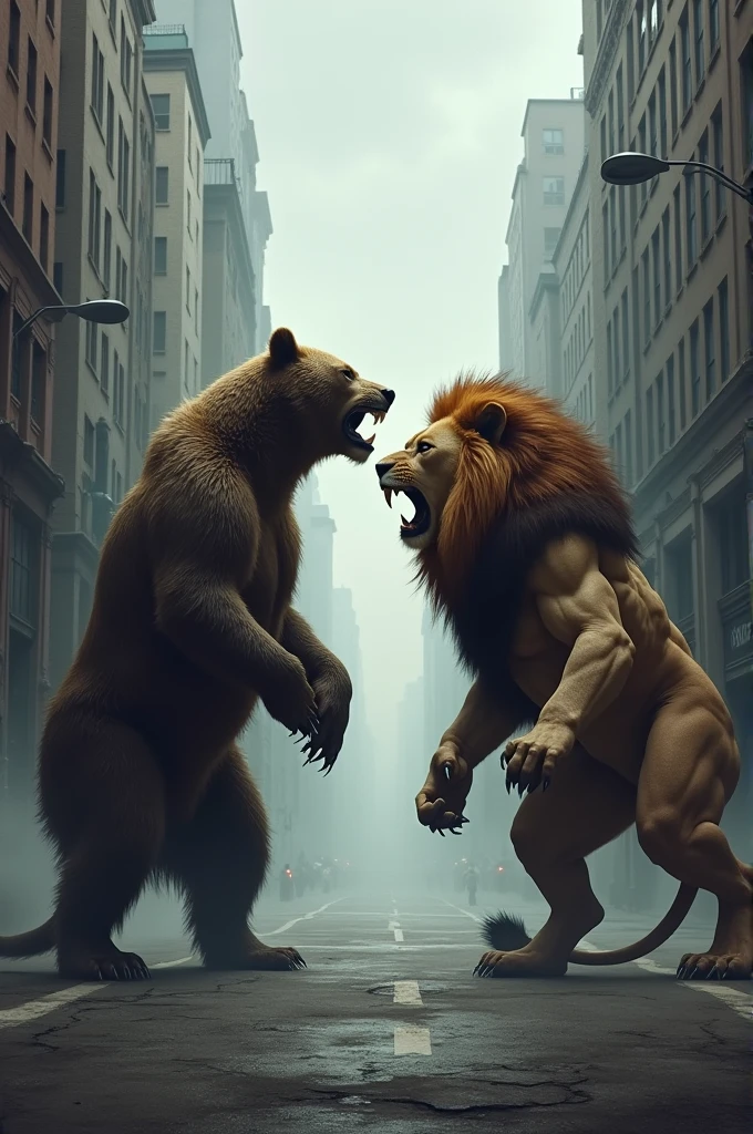 A bear vs a muscle mass lion with onw scar on his face in the alone street