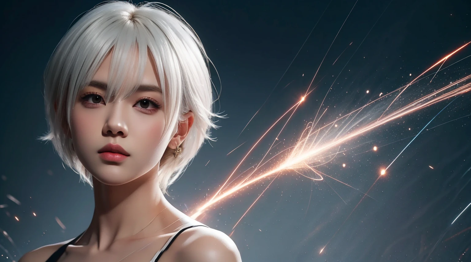 bailing_particles,bailing_lines,The light lines,Particles of light,A girl made of particles,High density of lines in the finger part,(White hair: 0,3),