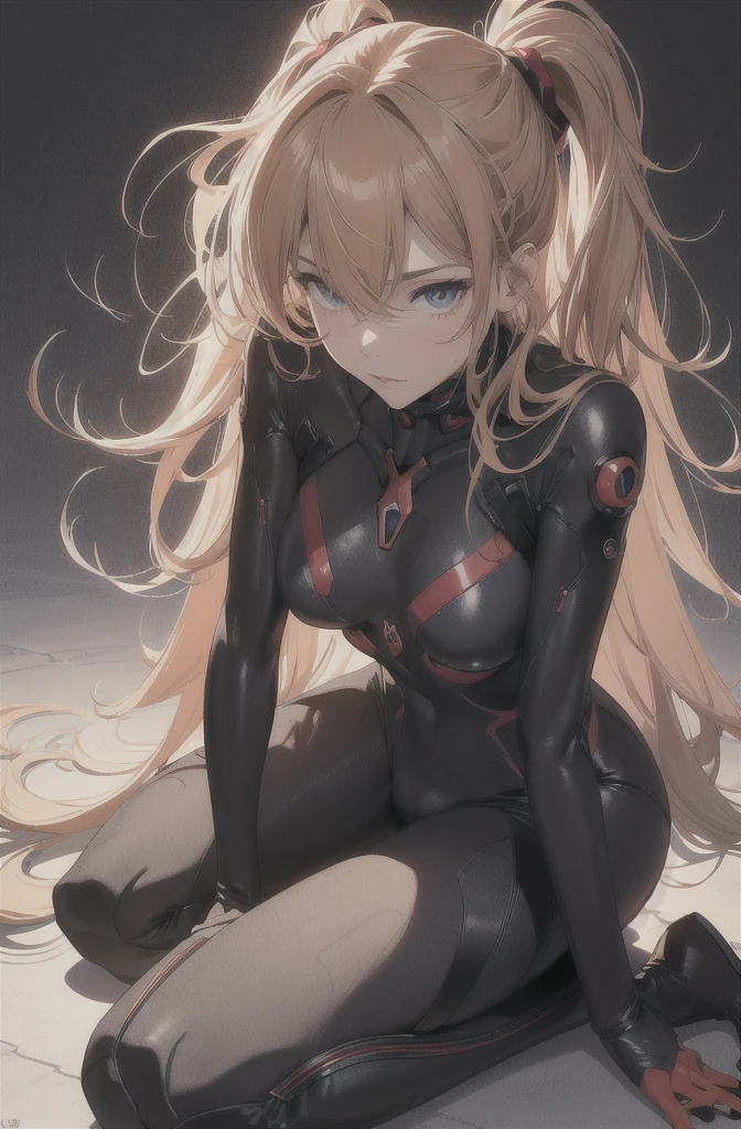 on face , sensual face , (sexy kneeling position:1.3), official art, unity 8k wallpaper, ultra detailed, beautiful and aesthetic, masterpiece, best quality, realistic, close-up, skindentation, souryuu asuka langley, interface headset, bodysuit under clothes, detailed eyes, detailed face, detailed hair, black background, straight-on, looking at viewer, glossy,