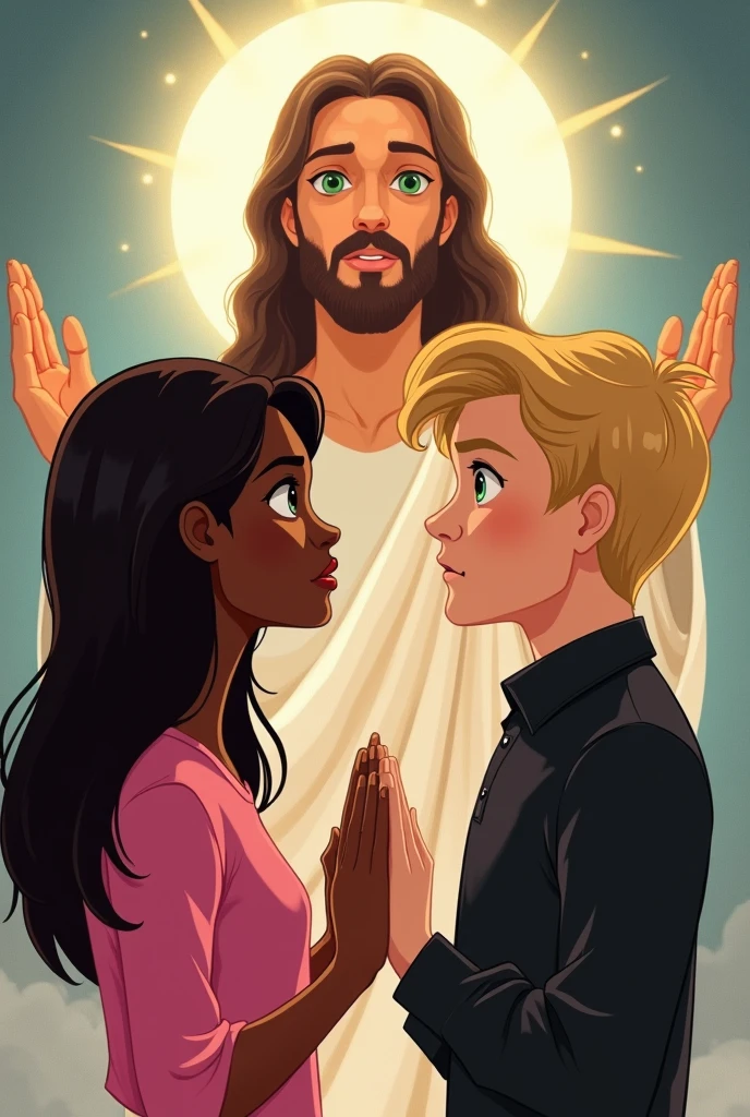 Disney-style drawing of a black woman with straight hair, with a pink shirt and a blond man with green eyes with a black dress shirt praying with Jesus on the side drawing