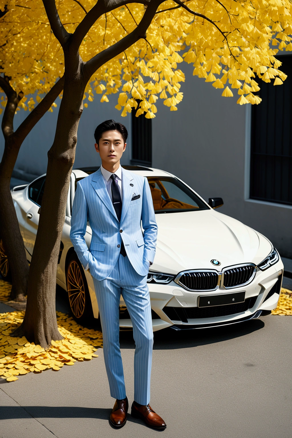 (One wearing a full light blue striped suit、White shirt、tie、Japanese man about 180cm tall)、best quality、masterpiece、Ultra-high resolution、(Photo realism:1.4)、original photo、(街道上One wearing a full light blue striped suit、White shirt、打tie的年輕英俊的日本男人、Standing under the ginkgo tree、Yellow and big ginkgo leaves、Clear details of leaves)、(There is a white BMW840I next to the man、Man's hands on car roof) shadow、Octane Rendering、8K、super sharp、real light、(There is only one white BMW on the street、man's shining eyes、looking in the direction of the camera)、super high quality、High target、gentleman、very beautiful hair、Bright photos、The man is as handsome as a model and as handsome as an idol,Professional profile photo, Professional portraits、Realistic portraits, Detailed color portrait, Idol portrait, high quality photos.