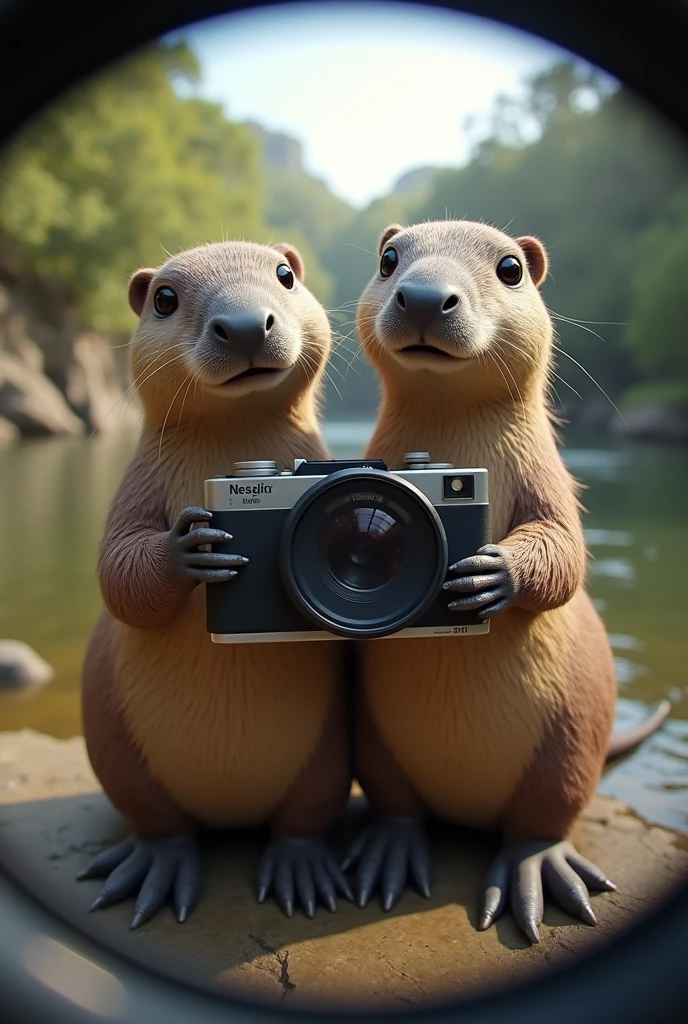 Caméra fisheye, photographie humoristique photoréaliste de deux ornithorynques prenant un selfie, avec un niveau de détail très poussé, les ornithorynques regardant vers le bas.