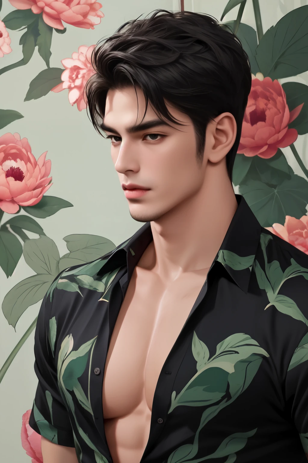 best quality,Masterpiece,Extremely high detail,Handsome muscular man,black short hair, Red peony and green leaf pattern shirt, unbuttoned, showing chest hair, Big black eyes, comprehensive, realistic,Background with the same pattern as the shirt