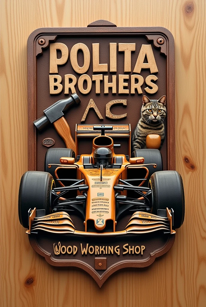 A round logo with Polita Brother's written on top and Wood Working Shop on the bottom. With a Formula 1 car, one cat, a hammer, an xbox controller, A mate , a saw. Engraved in wood