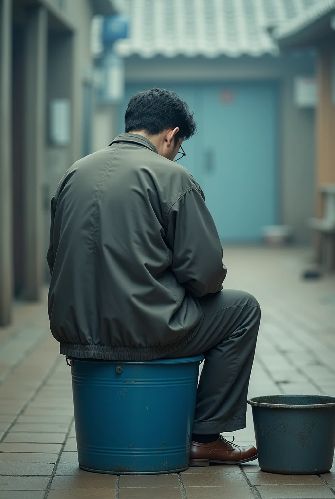 Korean man from behind peeing while sitting in a blue bucket