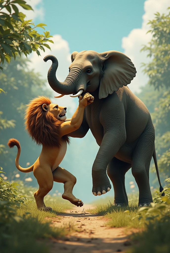 Lion dancing with elephant 