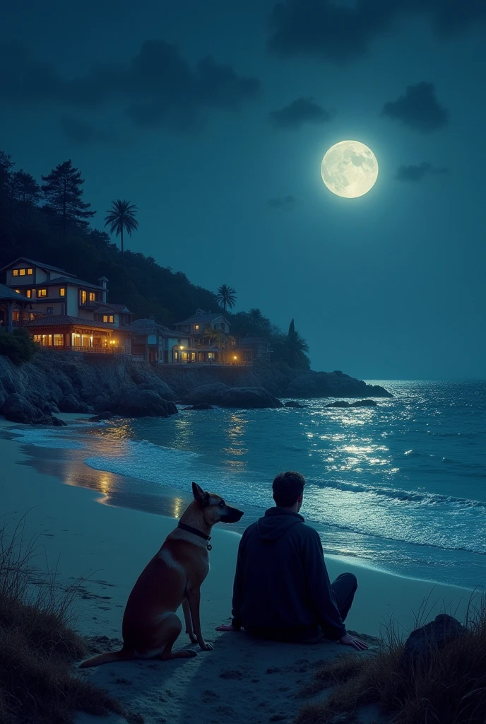 Made a village in front of beach in night look beautiful and man sitting with her dog

