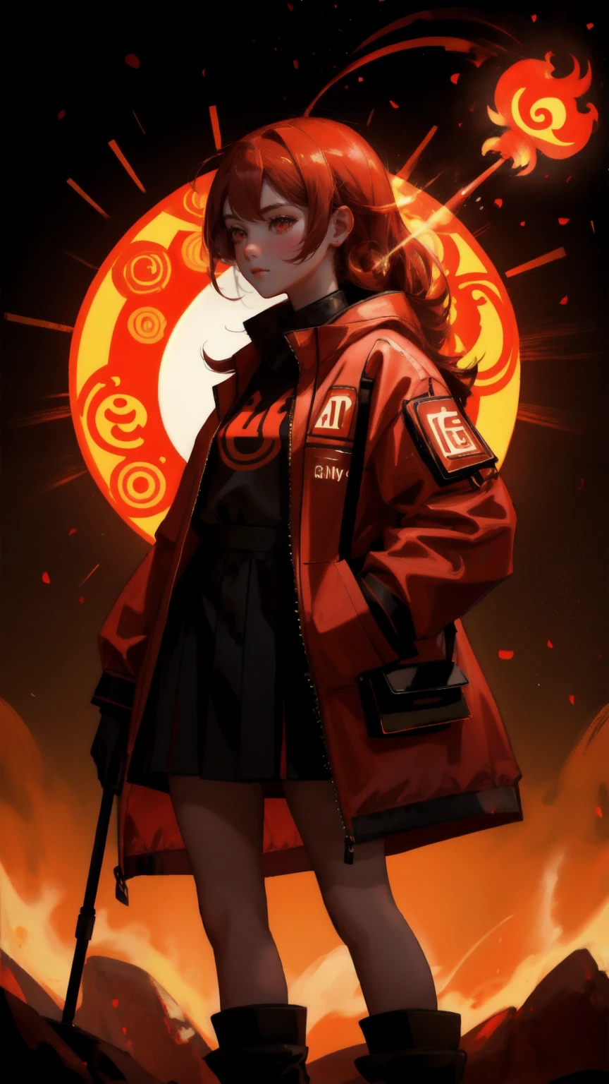 an ape , a girl, red temple, flamming out, ape with glowing symbols. Api is standing behind girl