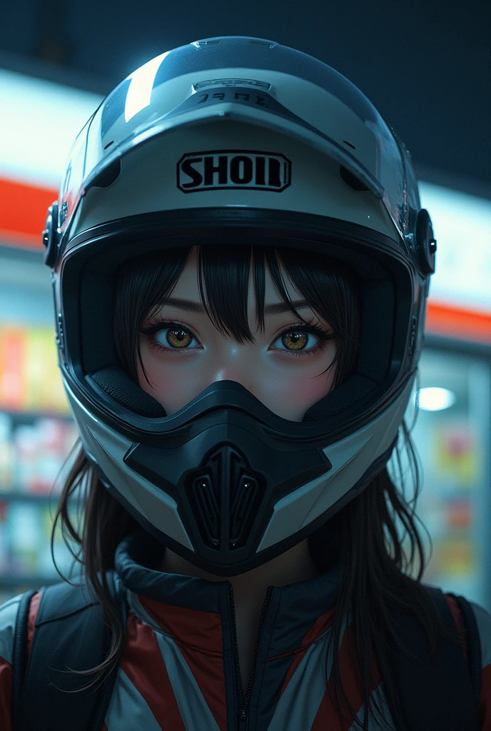 very beautiful Japanese high school girl, about to Ride on a off-road motorcycle, at convenience store at night, dramatic scene, masterpiece, (upper body:1.3), clear helmet visor, visor down, beautiful eyes, Shoei helmet, (wearing off-road rider's outfits)