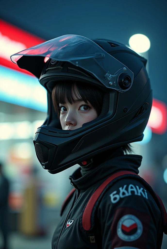 very beautiful Japanese high school girl, about to Ride on a off-road motorcycle, at convenience store at night, dramatic scene, masterpiece, (upper body:1.3), clear helmet visor, visor down, beautiful eyes, Shoei helmet, (wearing off-road rider's outfits)