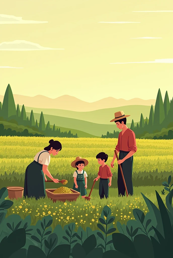 Create a vector illustration realist horizontal of family farming, showing a family working together in a field. Include family members planting and harvesting crops. The image should have clean lines, simple shapes, and a clear, graphic style that emphasizes the cooperative nature of traditional farming practices