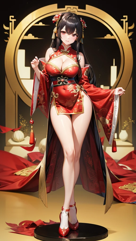 Black-haired beauty,Chinese imperial concubine clothing,cleav figure,Bare Legs,embroidered shoes,Standing,Chinese Palace,bangs between eyes, hairpin,