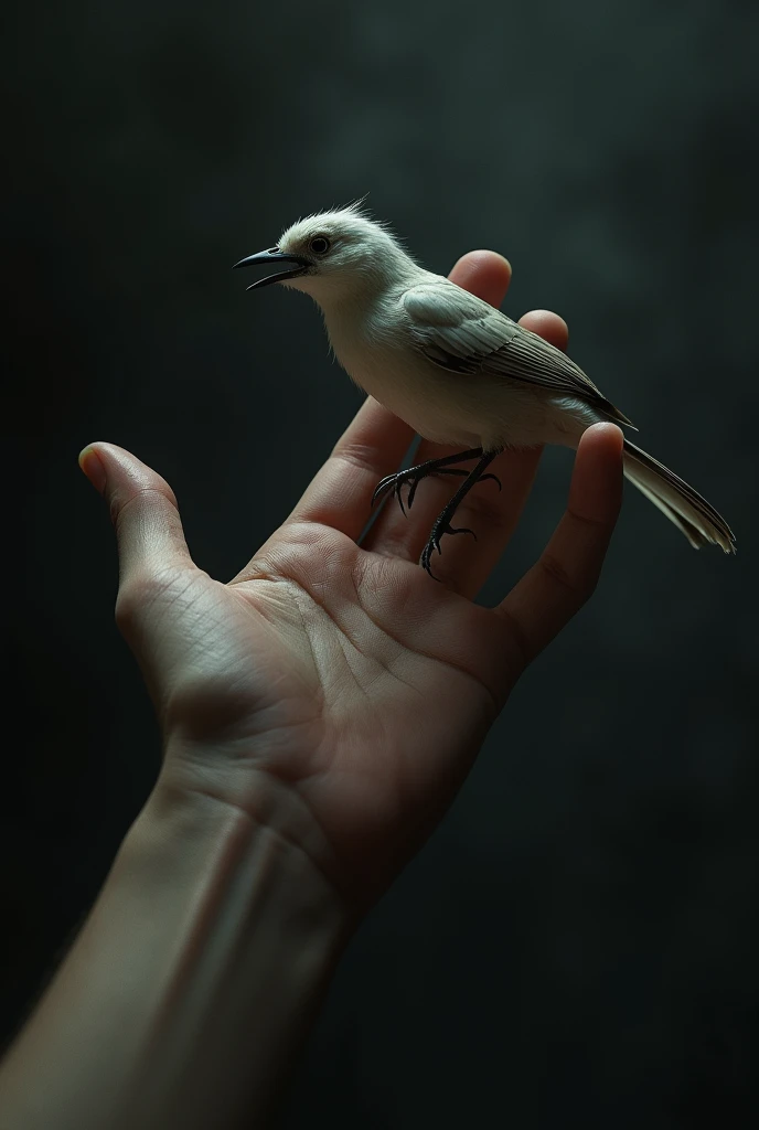 a fragile bird being held by the neck by a hand on a dark background

