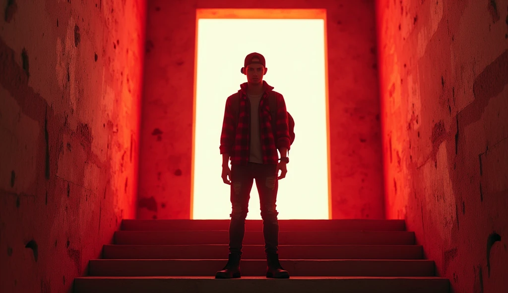 Hyper realistic, depict dramatic scenes with strong color contrasts, especially in shades of red and orange, depicting environments that appear otherworldly. In the middle, there was a white door emitting bright light, with the silhouette of a person standing in the doorway. Face detailed. Look straight ahead. 27yo Indonesian man wearing dark red flannel shirt and dark ripped jeans pants and black hiking hi-shoes with black backward trucker hat, wear dark leather backpack, masculine photoshoot pose, arrogant man expression. On the side of the stairs leading to the door. The setting includes architectural elements such as stairs that have an otherworldly ancient design.