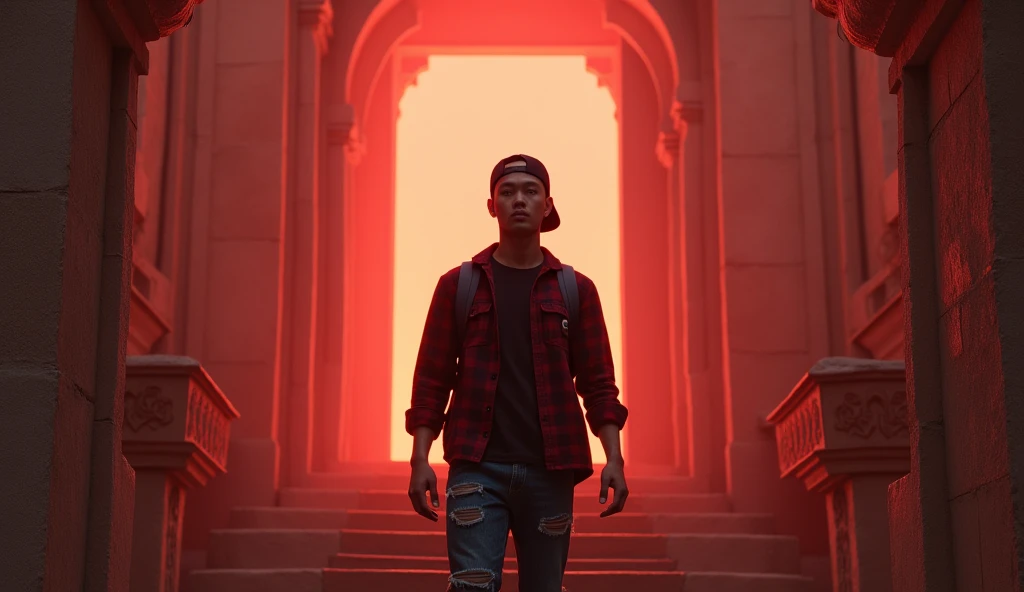 Hyper realistic, depict dramatic scenes with strong color contrasts, especially in shades of red and orange, depicting environments that appear otherworldly. In the middle, there was a white door emitting bright light, with the silhouette of a person standing in the doorway. Face detailed. Look straight ahead. 27yo Indonesian man wearing dark red flannel shirt and dark ripped jeans pants and black hiking hi-shoes with black backward trucker hat, wear dark leather backpack, masculine photoshoot pose, arrogant man expression. On the side of the stairs leading to the door. The setting includes architectural elements such as stairs that have an otherworldly ancient design.