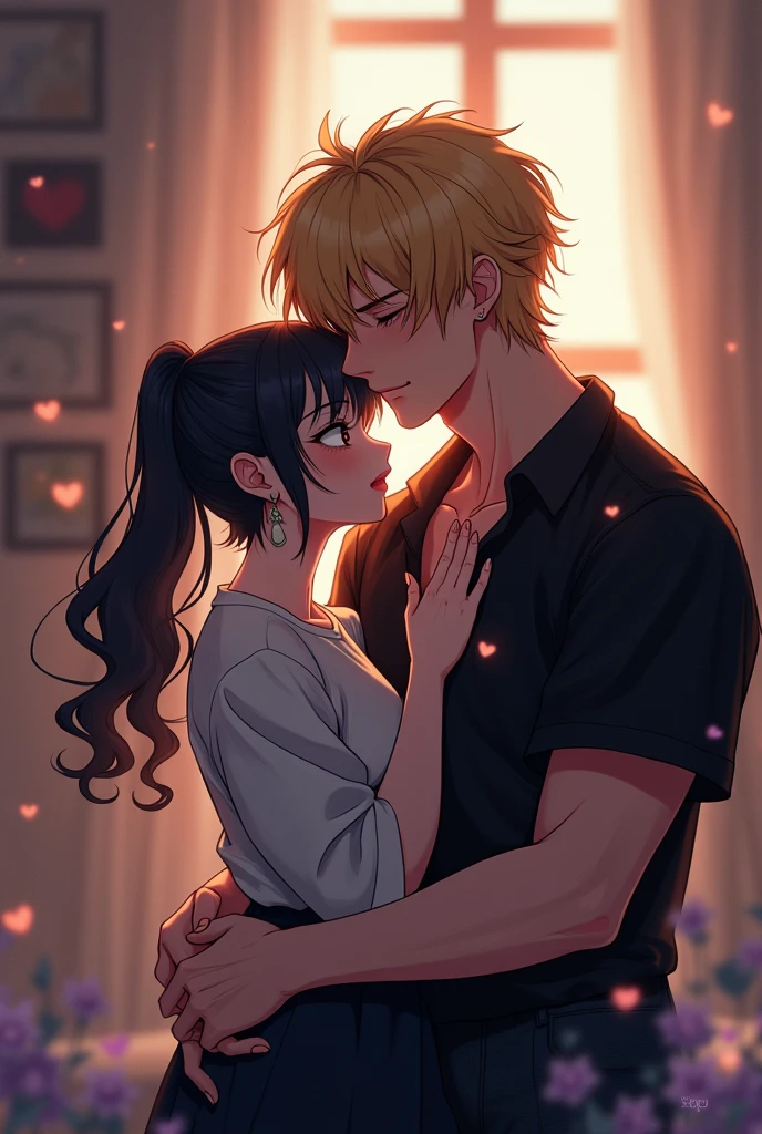 A very cute goth femboy boy with his strong blond boyfriend, they are very much in love with each other, Image made with anime lines