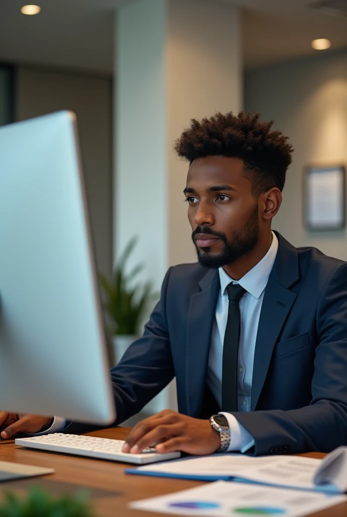Generator a photo of a young gentle man,to look like a salesman sitting in front of a desk top analysing data,the quality should be high ,make the room space visible and effective ,,it should be a black man