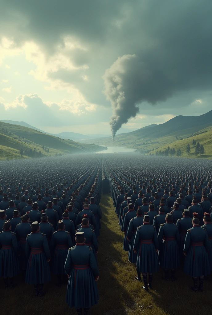 A sweeping cinematic view of a massive battlefield, showcasing approximately 2 million French soldiers poised for action. The scene is set with soldiers in Napoleonic-era uniforms, wearing distinctive blue coats and tall shakos, arranged in meticulous formations. The expansive battlefield features rolling hills and a winding river in the background, with the dramatic play of light and shadow from a stormy sky enhancing the grandeur of the scene.