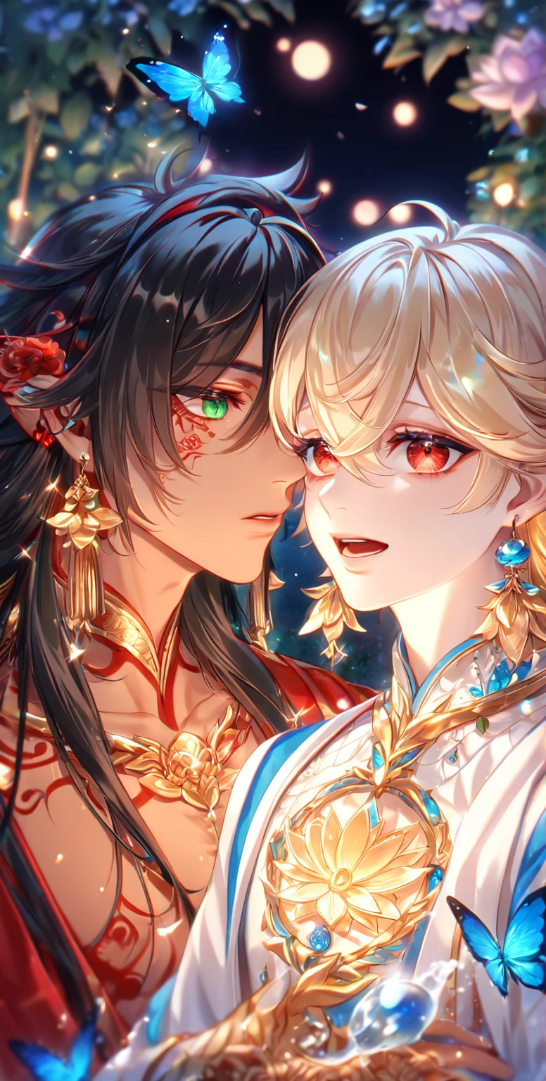 absurdres, highres, ultra detailed, HDR) master piece, best quality, extremely detailed, detailed face, detailed eyes, delicated features, tanned skin, Asura, black long hair, expressive red eyes, Onmyoji, Taishakuten, ash-blonde short hair, expressive green eyes, two men together, yaoi, gay couple, handsome, lotus earrings, white tunic with accessories, red haori, showing the chest, red tattoo, fantasy, magical, glittering, water, blue flames, blue moon, blue flowers, blue butterflies, garden