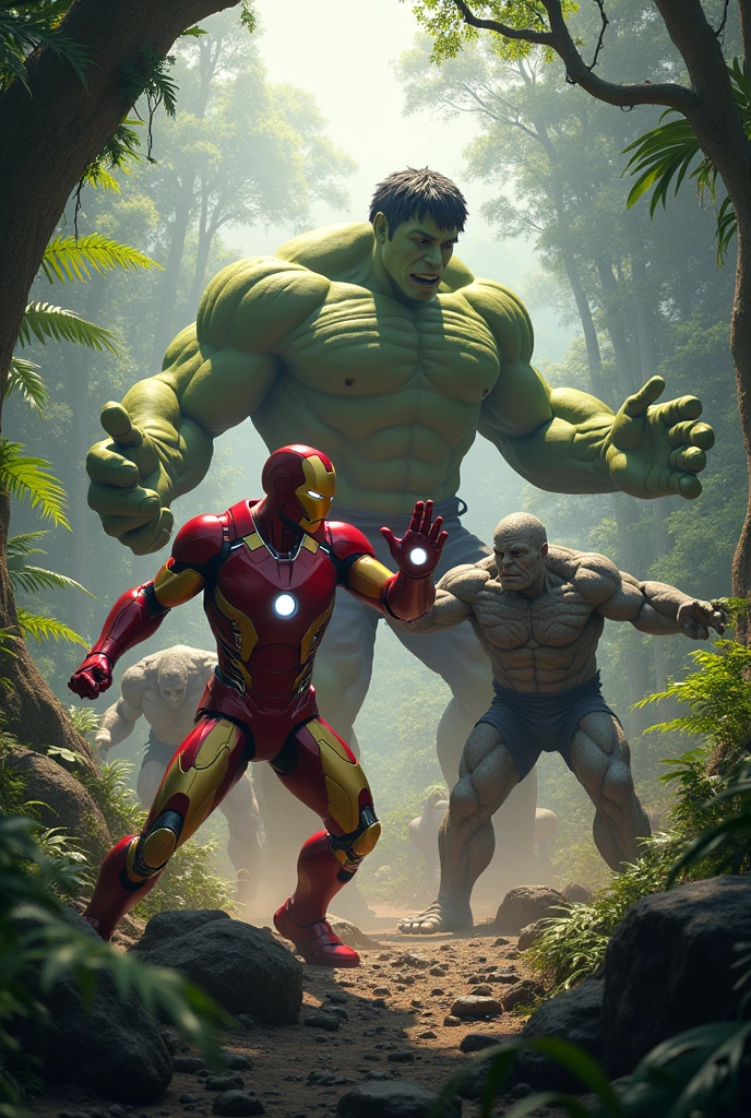 Iron Man and Hulk are fighting rocks in the Amazon jungle
