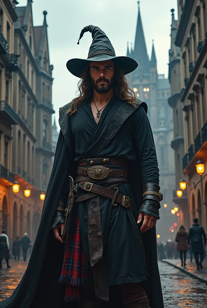 Create a hyper-detailed, 4K image of a male necromancer in his mid-twenties with long, flowing brown hair and a short beard. He should be wearing simple yet dark, tattered clothes complemented by a traditional Scottish kilt. Add a classic wizard hat to his ensemble and a longsword sheathed at his waist. Set the scene against a dramatic urban medieval backdrop, blending elements of gritty cityscape with gothic architecture. Ensure the colors are rich and vibrant, with strong contrasts to highlight the necromancer's mystical aura and the intricate details of his attire and surroundings.