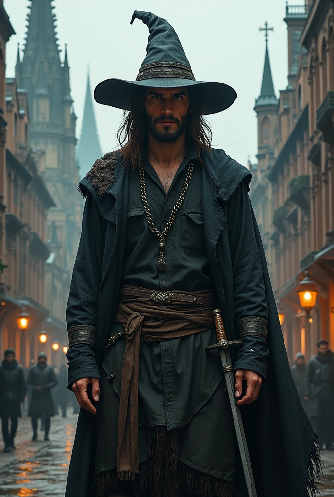 Create a hyper-detailed, 4K image of a male necromancer in his mid-twenties with long, flowing brown hair and a short beard. He should be wearing simple yet dark, tattered clothes complemented by a traditional Scottish kilt. Add a classic wizard hat to his ensemble and a longsword sheathed at his waist. Set the scene against a dramatic urban medieval backdrop, blending elements of gritty cityscape with gothic architecture. Ensure the colors are rich and vibrant, with strong contrasts to highlight the necromancer's mystical aura and the intricate details of his attire and surroundings.