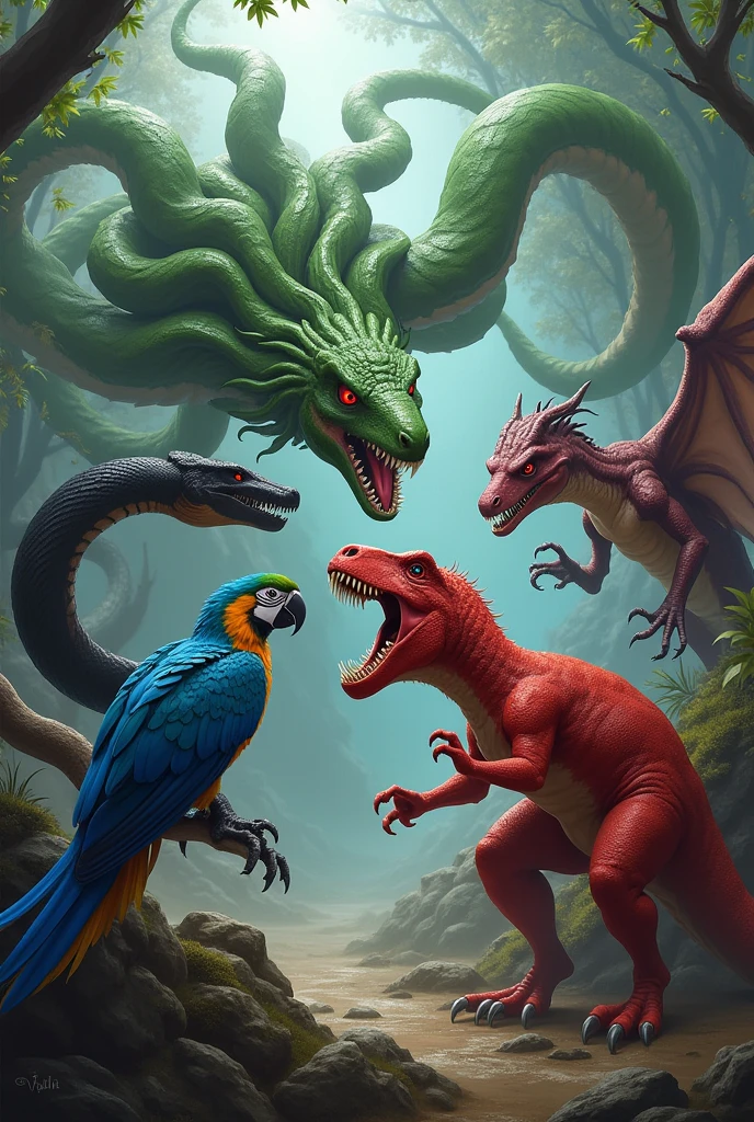 A green hydra, Blue Arara, and a black snake, aggressively attacking a red dinosaur