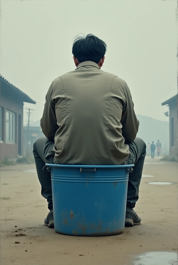 Korean man from behind peeing while sitting in a blue bucket
