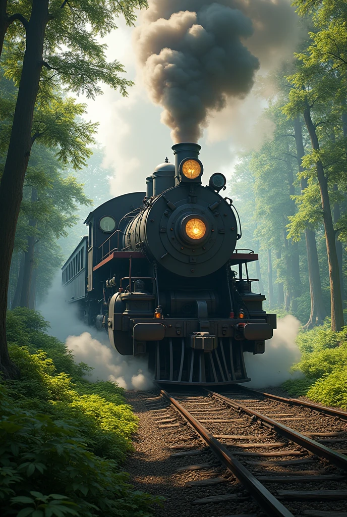 Create a realistic and cinematic image of a monster locomotive train passing through the forest.