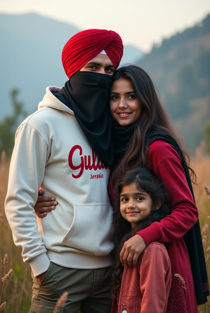 A PUNJABI BOY 2, AND ON FACE BLACK HANDKERCHIEF WEAR RED TURBAN, WHITE GLOW HOODIE ON WRITING BOLD NAME IS "GULAB" JACKET CARGO PENT, WITH PUNJABI WIFE,BEAUTIFUL ,JAMMU KASHMIR AND ROMANCE, AND QUITE SMILE, FIGHTING REALISTIC, AND PUT HIS BEAUTIFUL DAUGHTER 3 YEARS WHO NAME ON "SEERAT"