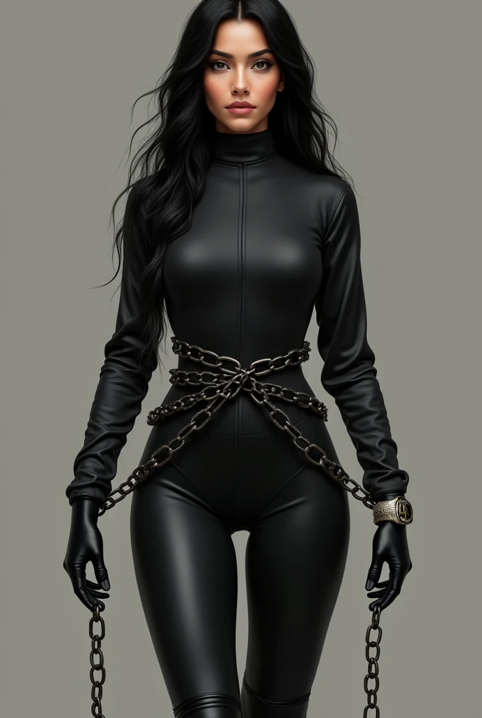 indian women, aged 25, white skin, long black hair, horse jockey black tight dress, full sleeve black, black tights, black pants, black boots, black gloves, rolex watch, standing, looking straight, chain tied to waist to hands to legs