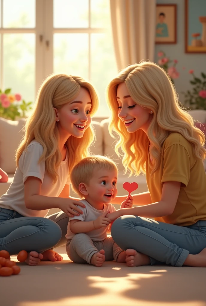 Create a 2 blonde woman playing with her nephew  