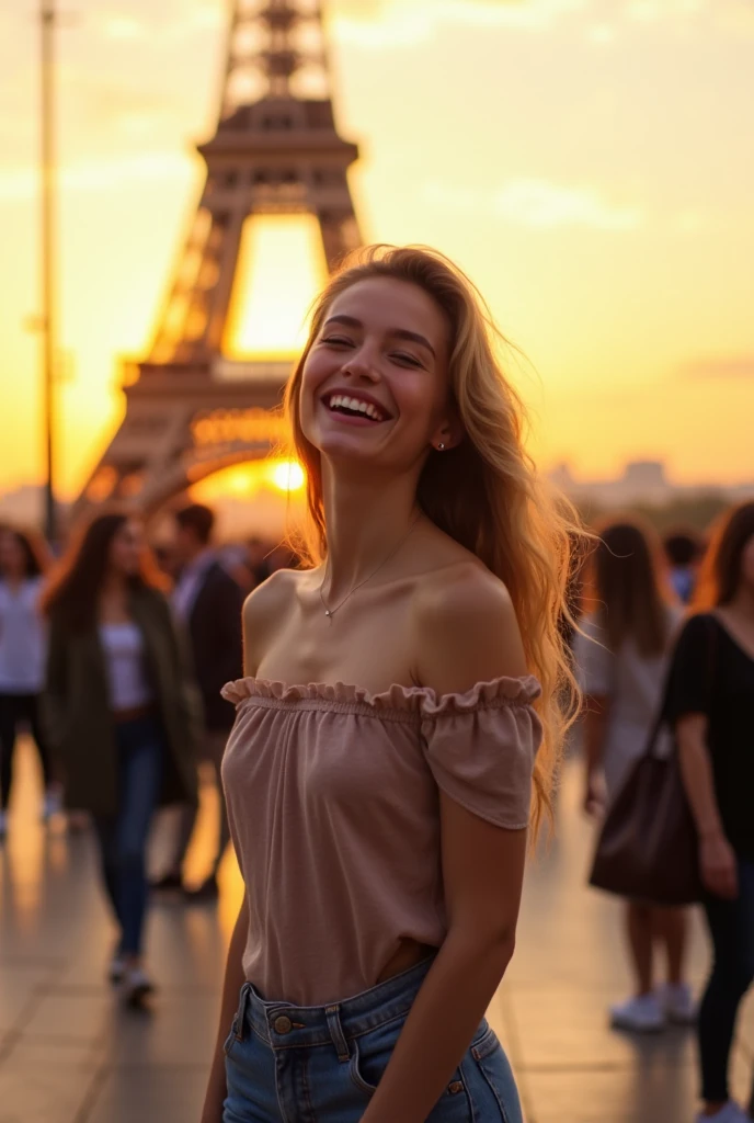 A stunning portrait of a young woman with fair skin, known for her beauty, wearing a trendy off-shoulder top and denim shorts. Set against the iconic Eiffel Tower during golden hour, the warm sunset light highlights her figure and creates a soft glow around her, as she laughs joyfully among the bustling tourists