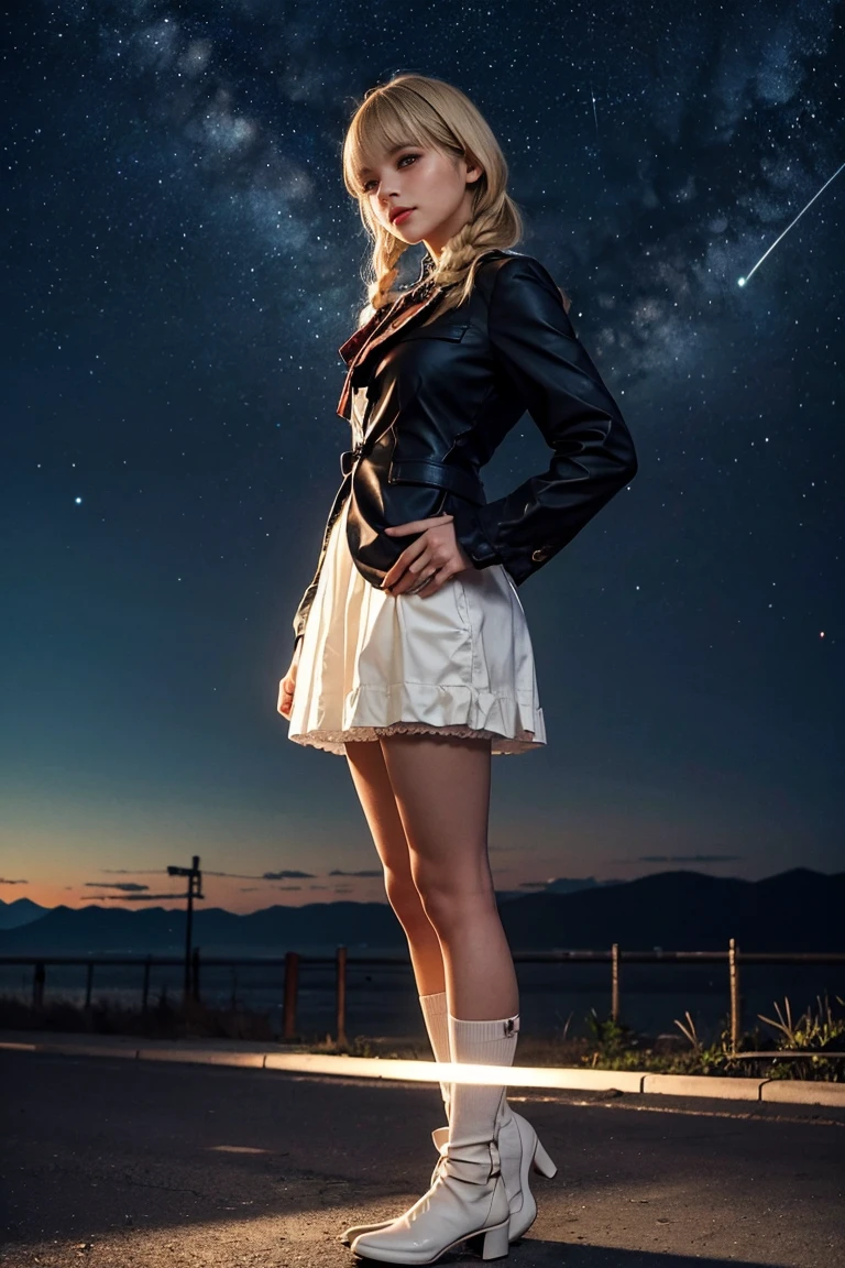 (Masterpiece, Best Quality: 1.3), 1girl, solo, long hair, standing, skirt, mid-calf shoes, starry sky, night, looking at viewer, braids, medium bust, TKLili, blonde, blunt bangs