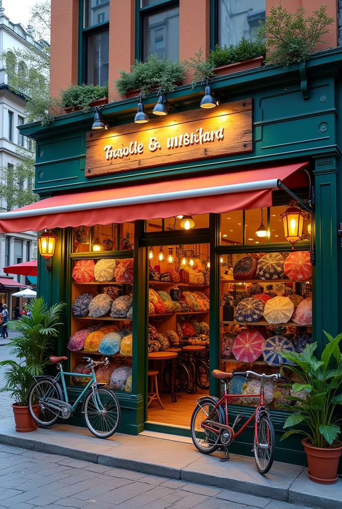 Facade of a bicycle and umbrella rental shop in the middle of an urban city