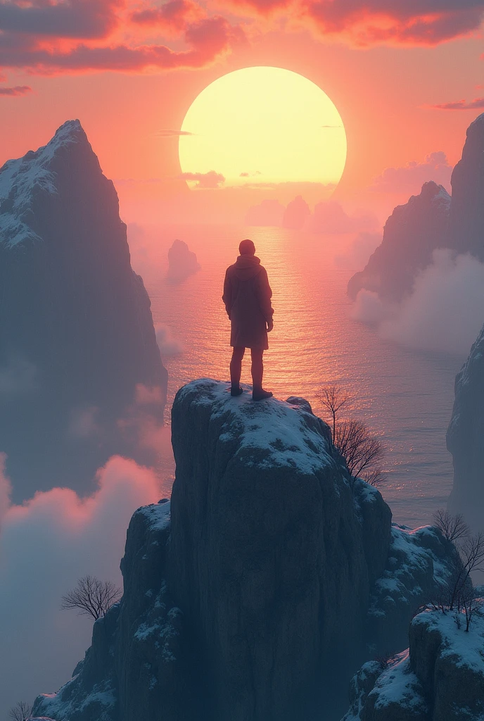 A man stand on mountain look down word behind the man sun and sea