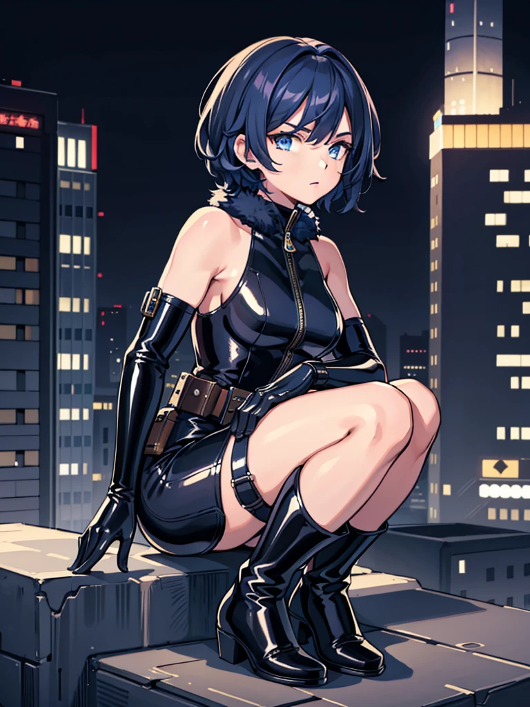 One girl, masterpiece, Lady_Nagant, Super Short Hair, Dark blue fur,  blue eyes, Severe, Black suit, Portraiture, Mechanical Belt, Night city background, latex,Elbow-length gloves、Knee-high boots