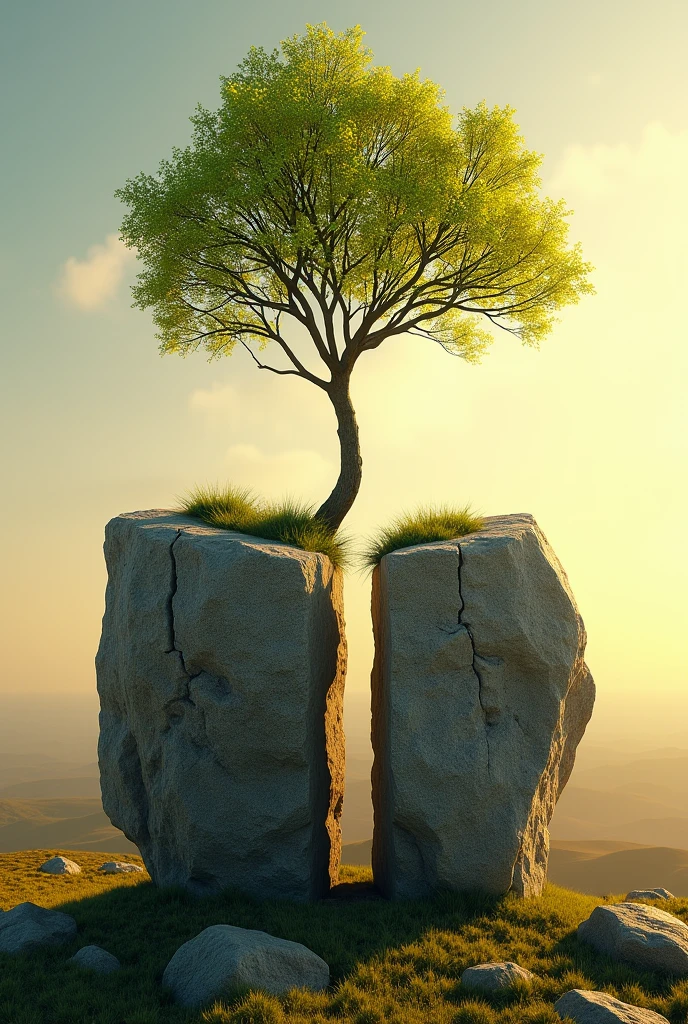 striking, high-resolution photo captures a massive stone split in half, A strong tree sprouted from the cracks. The slender branches of the trees stretch towards the sky, while its leaves shimmer with a Energetic green hue. The background is vast, Tranquil landscape stretches to the horizon, Illuminated by warmth, Golden Light. This fascinating image symbolizes the emergence of life from solid matter, It embodies the power of growth and renewal that can break through the hardest surface.., Movie, Energetic, poster, photo. Created by Sasan