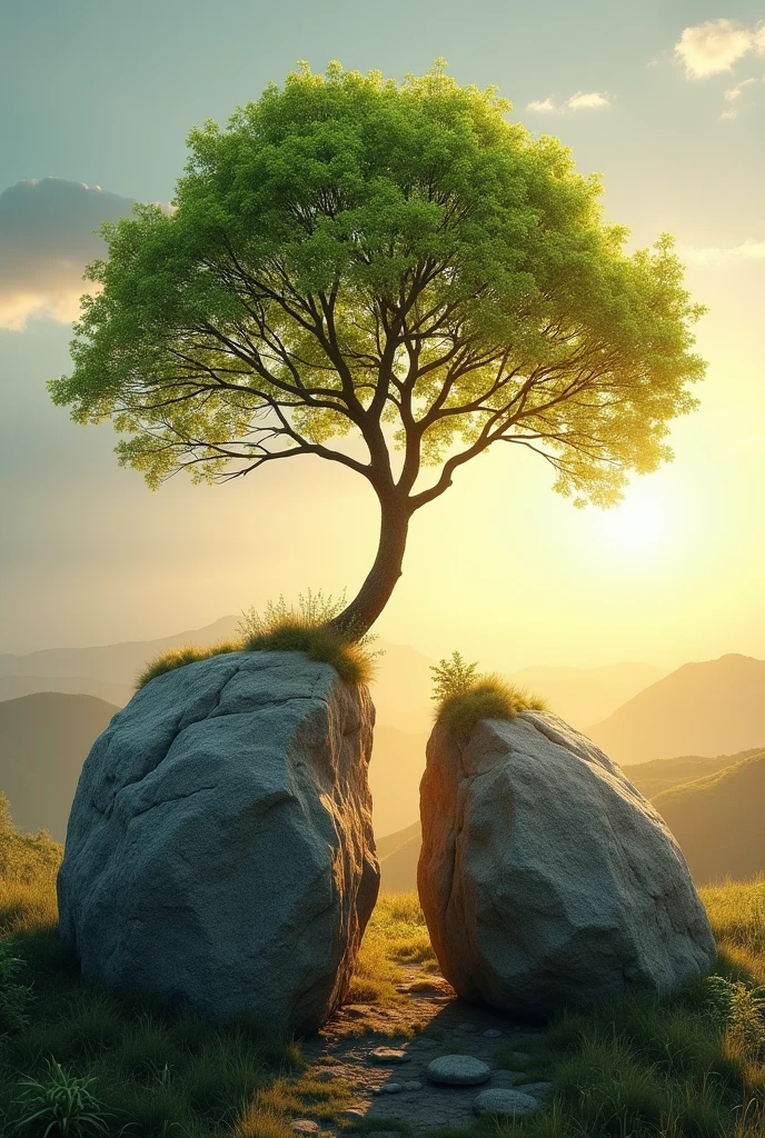 striking, high-resolution photo captures a massive stone split in half, A strong tree sprouted from the cracks. The slender branches of the trees stretch towards the sky, while its leaves shimmer with a Energetic green hue. The background is vast, Tranquil landscape stretches to the horizon, Illuminated by warmth, Golden Light. This fascinating image symbolizes the emergence of life from solid matter, It embodies the power of growth and renewal that can break through the hardest surface.., Movie, Energetic, poster, photo. Created by Sasan