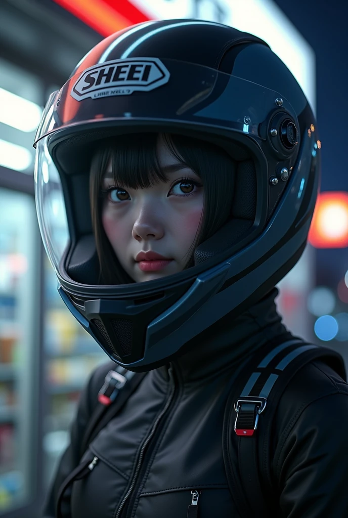 very beautiful Japanese high school girl, about to Ride on a off-road motorcycle, at convenience store at night, dramatic scene, masterpiece, (upper body:1.3), clear helmet visor, visor down, beautiful eyes, Shoei helmet, (wearing off-road rider's outfits)