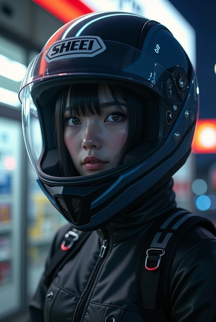 very beautiful Japanese high school girl, about to Ride on a off-road motorcycle, at convenience store at night, dramatic scene, masterpiece, (upper body:1.3), clear helmet visor, visor down, beautiful eyes, Shoei helmet, (wearing off-road rider's outfits)