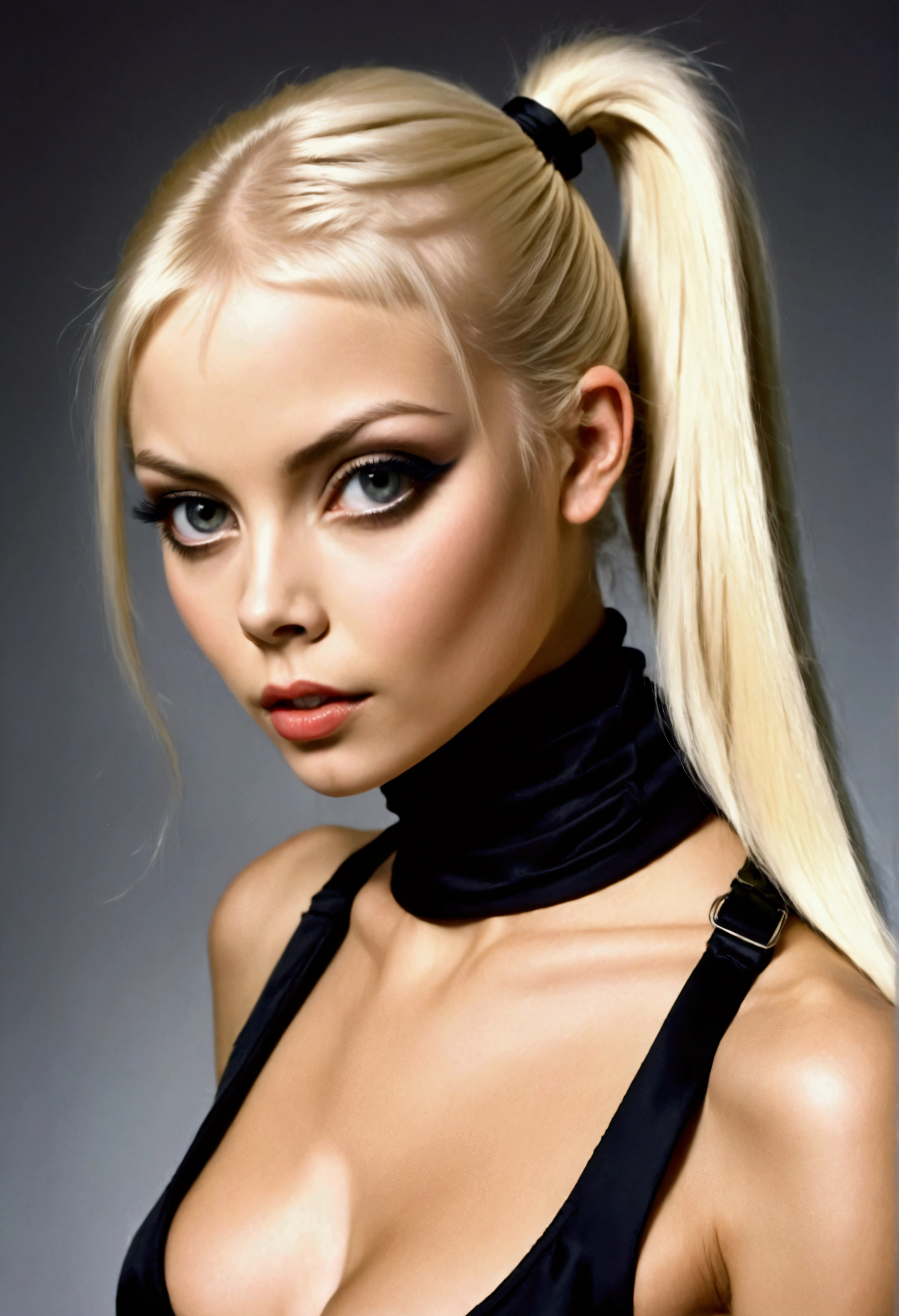 blond woman with a black top and a black tie, sleek blond hair, blonde hair with a pony tail, blonde hair and large eyes, blond hair. ponytail, silver hair (ponytail), with black pigtails, a gorgeous blonde, taken in the 2000s, tags: blonde hair, blond hair with pigtails, steven meisel photography, steven meisel