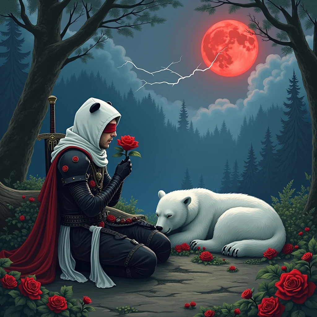 Male knight with a white hood with bear ears with sword behind his back sits towards a polar bear in a forest while the moon shines, many Roses cover the ground and lightning falls from the sky. The polar bear sleeps in front of the knight. Only the man wears a red blindfold. In the background of the picture is the blood moon and a tree has fallen down in the path. The forest is full of trees with leaves. The armor of the man is black and red roses decorate it. The knight smells on a rose.