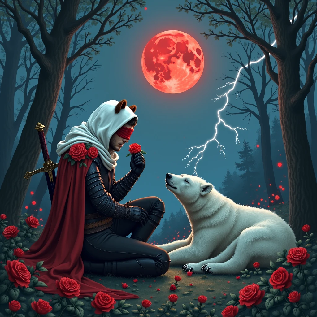 Male knight with a white hood with bear ears with sword behind his back sits towards a polar bear in a forest while the moon shines, many Roses cover the ground and lightning falls from the sky. The polar bear sleeps in front of the knight. Only the man wears a red blindfold. In the background of the picture is the blood moon and a tree has fallen down in the path. The forest is full of trees with leaves. The armor of the man is black and red roses decorate it. The knight smells on a rose.