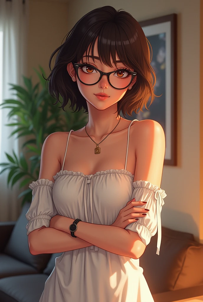 Woman,brown skin,short hair, glasses, medium breasts,high quality, masterpiece, crossing her arms, living room background,Anime art,barely covering her body,4k quality,half body,Off Shoulder Long Sleeve Knit Dress White, beautiful curves,