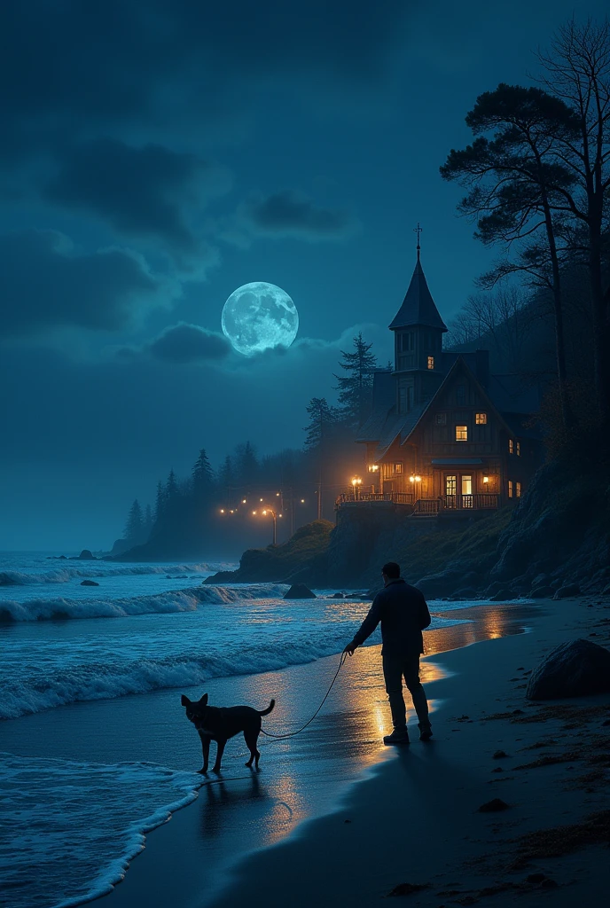 Made a village in front of beach in night look beautiful and man catching a dog