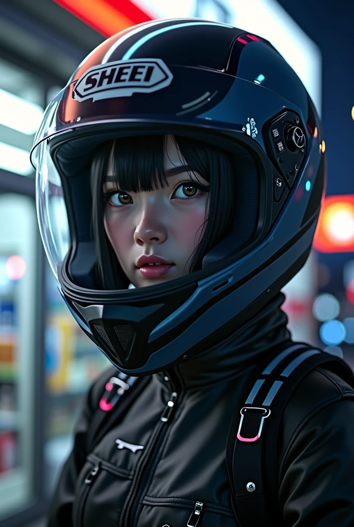 very beautiful Japanese high school girl, about to Ride on a off-road motorcycle, at convenience store at night, dramatic scene, masterpiece, (upper body:1.3), clear helmet visor, visor down, beautiful eyes, Shoei helmet, (wearing off-road rider's outfits)