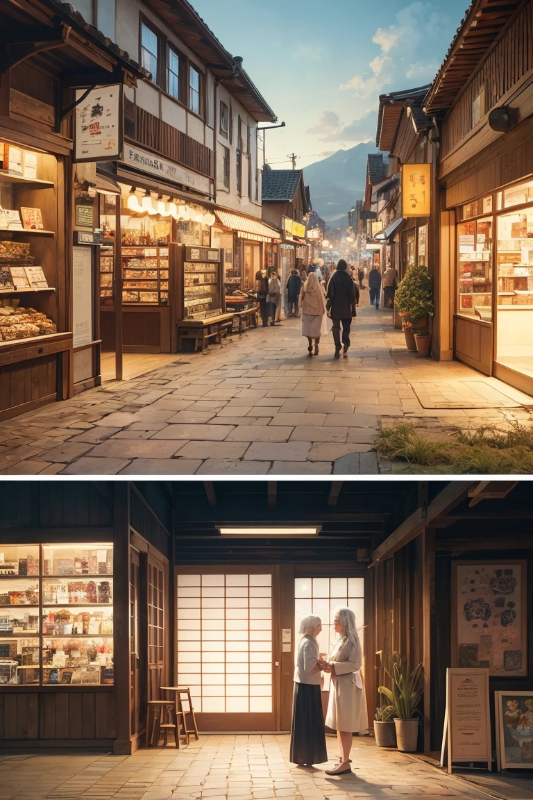 Illustrations for children's picture books,realistic, detailed illustration,A serene town center with an elderly woman as the focal point. She has long white hair tied up and a gentle, kind expression. The woman is holding up a sign that reads 'Happy Bento Shop' in Japanese characters. Surrounding her are groups of curious townspeople, all looking intrigued by the new shop. The atmosphere is warm and inviting, with a mix of traditional and modern Japanese architectural elements in the background, hand-painted style, digital art touch,(illustration:1.5), (Watercolor:1,2)
