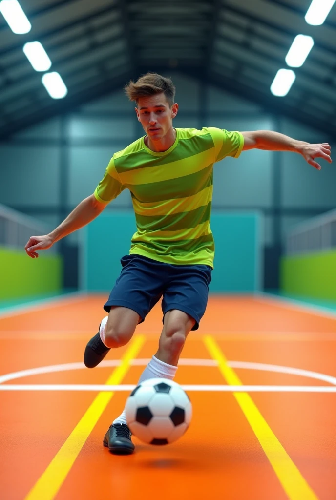 A young Westerner kicking a ball. He is on a futsal court well lit by white neon lights.. The court floor is orange with yellow lines. Her skin is white and her hair is brown and straight., hairstyle to the side. His shirt is lime green with thick horizontal stripes in avocado green., that cross the entire shirt. His shorts are navy blue and his socks are halfway up his shin and are completely white.. He wears black futsal shoes.