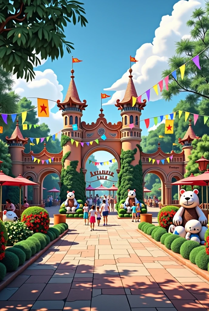 panoramic view of the zoo’s grand entrance, bursting with bright banners and lively animal-themed decorations.